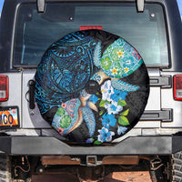 Hawaiian Couple Turtles Honi Spare Tire Cover Polynesian Art Motifs and Hibiscus Black Blue Color - Polynesian Pride