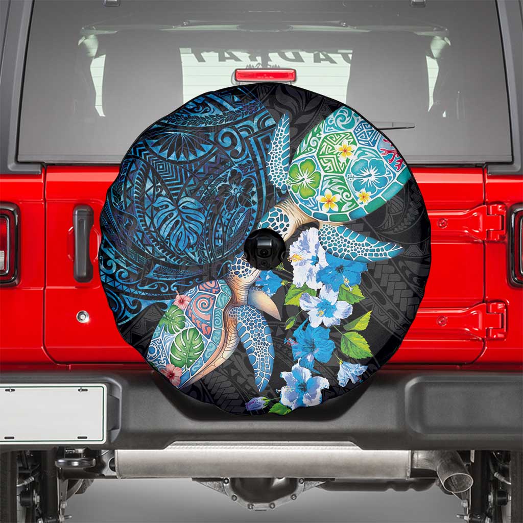 Hawaiian Couple Turtles Honi Spare Tire Cover Polynesian Art Motifs and Hibiscus Black Blue Color - Polynesian Pride