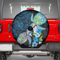 Hawaiian Couple Turtles Honi Spare Tire Cover Polynesian Art Motifs and Hibiscus Black Blue Color - Polynesian Pride
