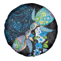 Hawaiian Couple Turtles Honi Spare Tire Cover Polynesian Art Motifs and Hibiscus Black Blue Color - Polynesian Pride