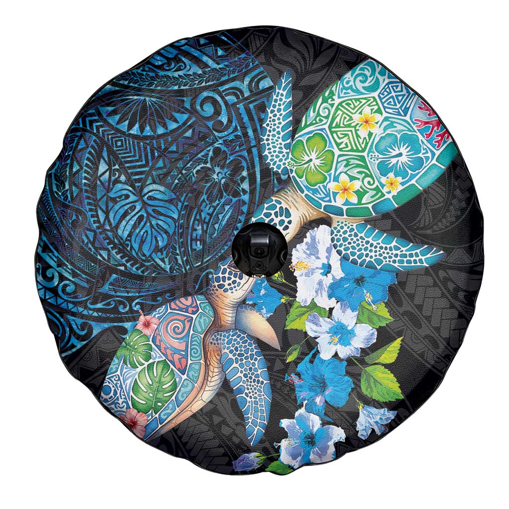 Hawaiian Couple Turtles Honi Spare Tire Cover Polynesian Art Motifs and Hibiscus Black Blue Color - Polynesian Pride