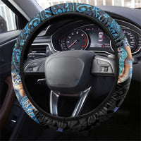 Hawaiian Couple Turtles Honi Steering Wheel Cover Polynesian Art Motifs and Hibiscus Black Blue Color - Polynesian Pride