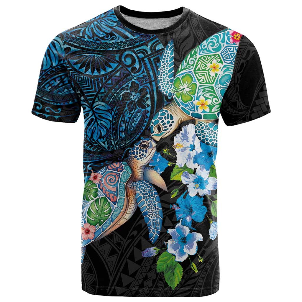 Hawaiian Couple Turtles Honi T Shirt Polynesian Art Motifs and Hibiscus Black Blue Color - Polynesian Pride