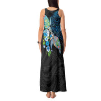 Hawaiian Couple Turtles Honi Tank Maxi Dress Polynesian Art Motifs and Hibiscus Black Blue Color - Polynesian Pride