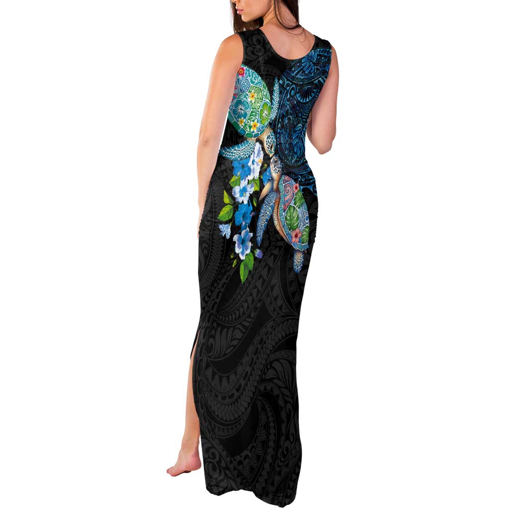 Hawaiian Couple Turtles Honi Tank Maxi Dress Polynesian Art Motifs and Hibiscus Black Blue Color - Polynesian Pride