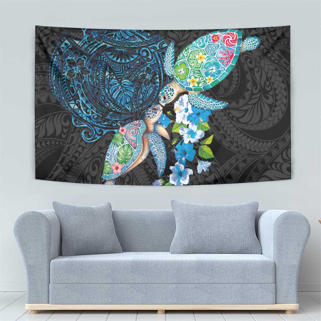 Hawaiian Couple Turtles Honi Tapestry Polynesian Art Motifs and Hibiscus Black Blue Color - Polynesian Pride