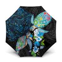 Hawaiian Couple Turtles Honi Umbrella Polynesian Art Motifs and Hibiscus Black Blue Color - Polynesian Pride