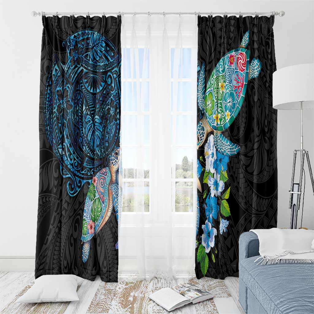 Hawaiian Couple Turtles Honi Window Curtain Polynesian Art Motifs and Hibiscus Black Blue Color - Polynesian Pride
