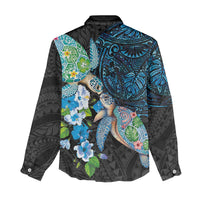 Hawaiian Couple Turtles Honi Women Casual Shirt Polynesian Art Motifs and Hibiscus Black Blue Color - Polynesian Pride