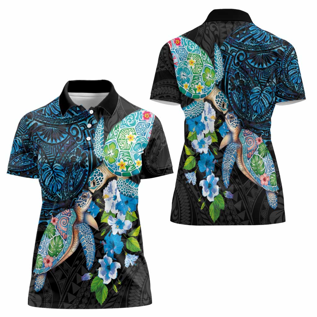 Hawaiian Couple Turtles Honi Women Polo Shirt Polynesian Art Motifs and Hibiscus Black Blue Color - Polynesian Pride