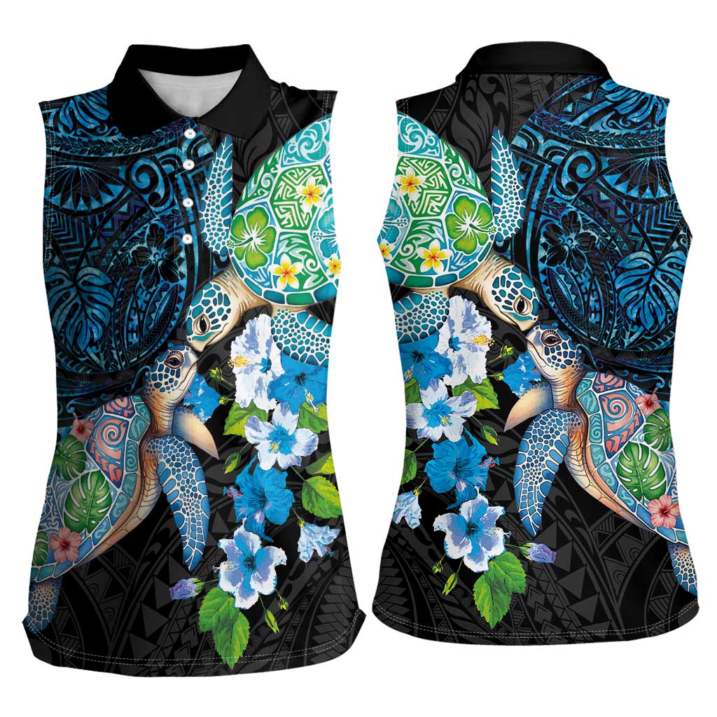 Hawaiian Couple Turtles Honi Women Sleeveless Polo Shirt Polynesian Art Motifs and Hibiscus Black Blue Color - Polynesian Pride