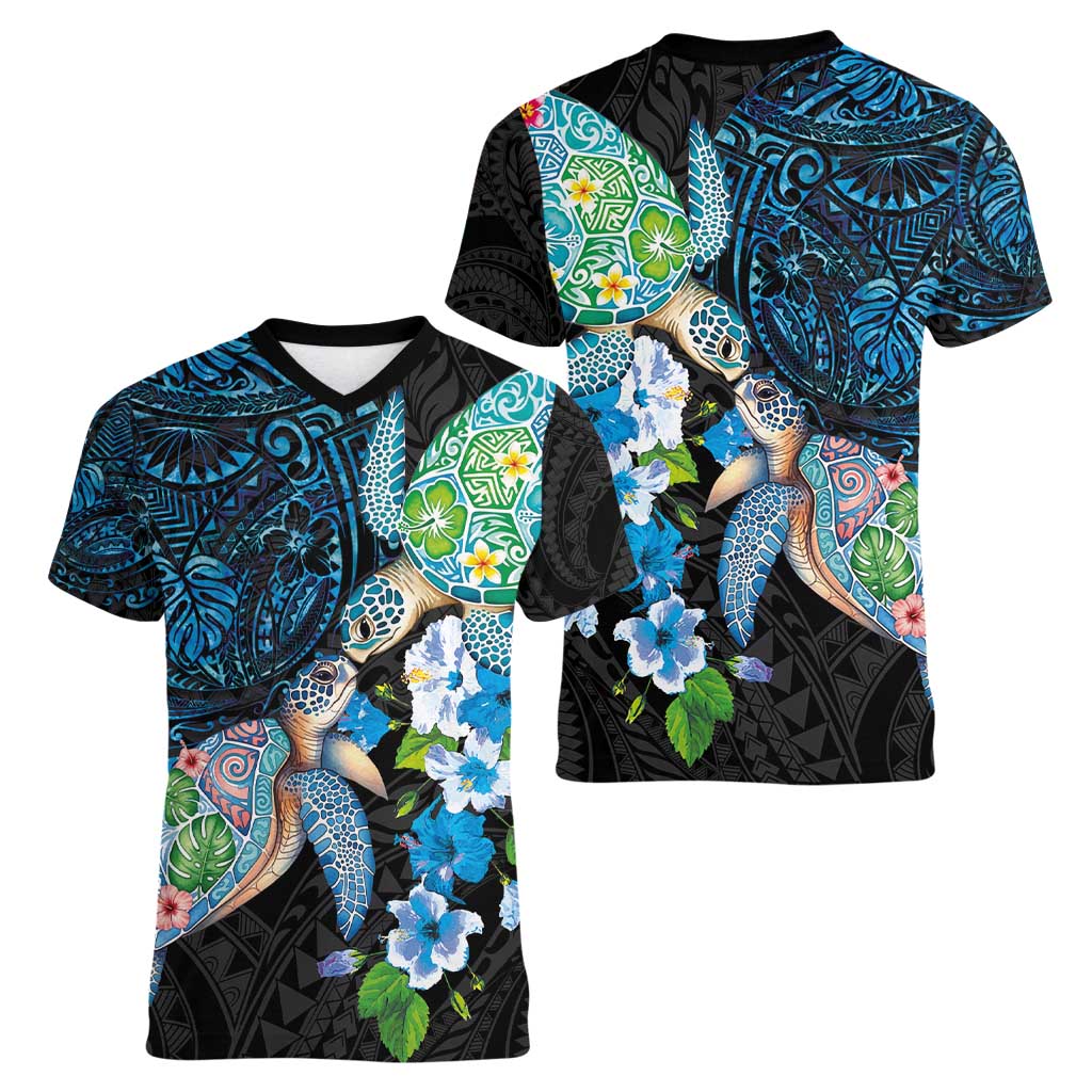 Hawaiian Couple Turtles Honi Women V-Neck T-Shirt Polynesian Art Motifs and Hibiscus Black Blue Color - Polynesian Pride