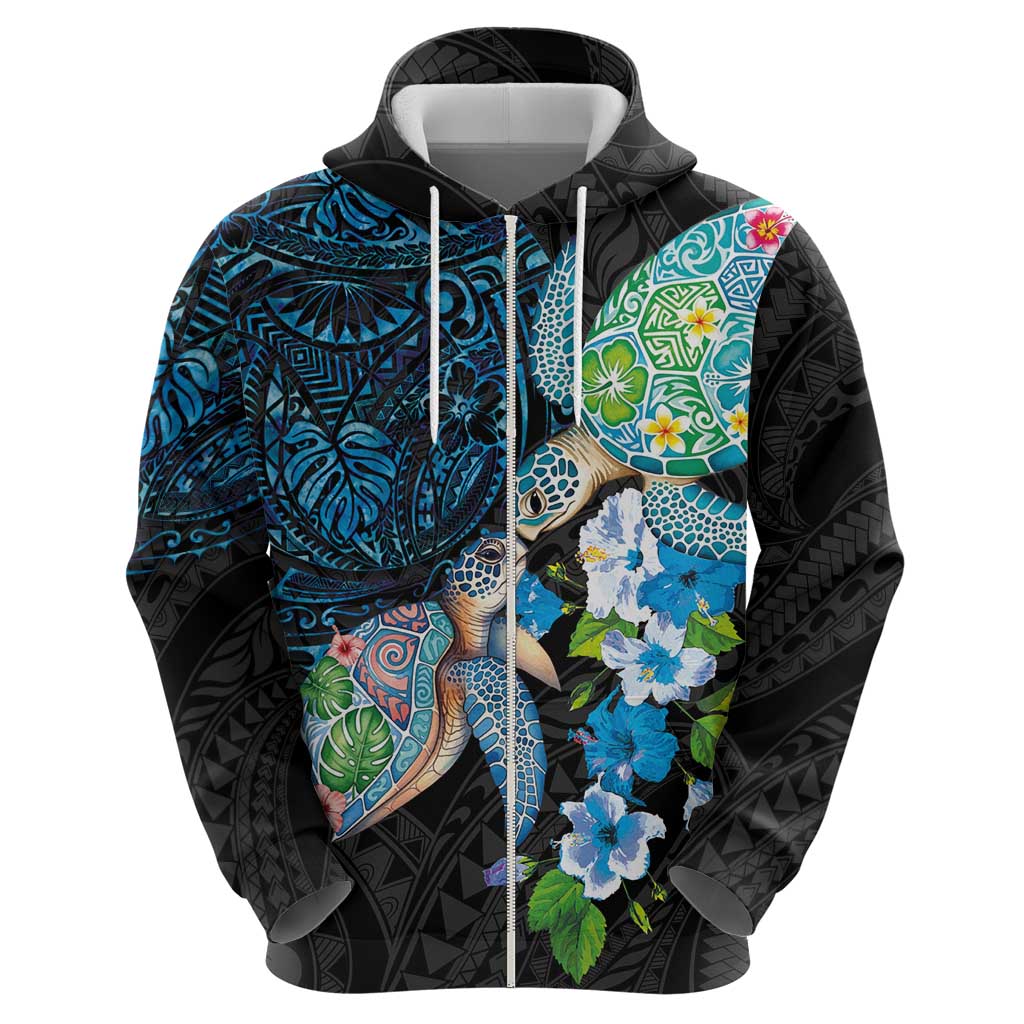 Hawaiian Couple Turtles Honi Zip Hoodie Polynesian Art Motifs and Hibiscus Black Blue Color - Polynesian Pride