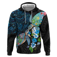 Hawaiian Couple Turtles Honi Zip Hoodie Polynesian Art Motifs and Hibiscus Black Blue Color - Polynesian Pride