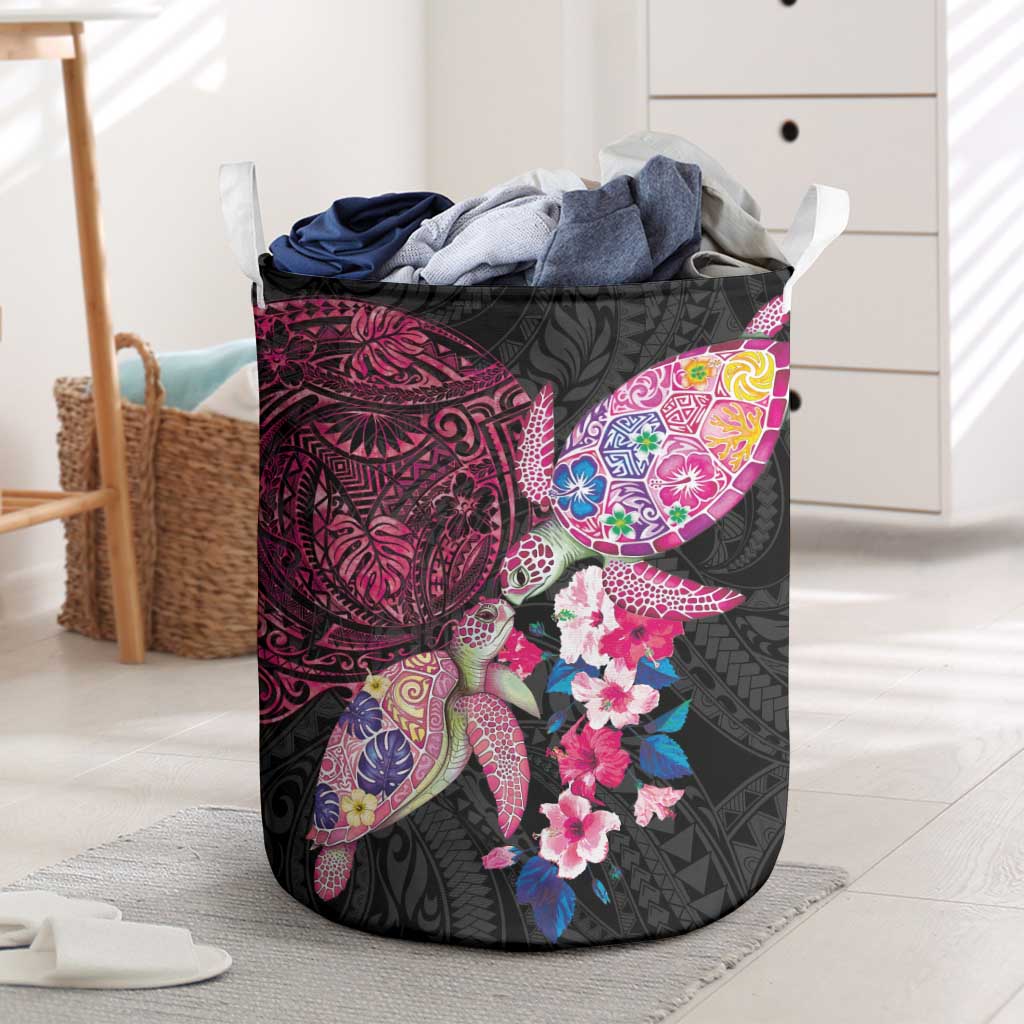Hawaiian Couple Turtles Honi Laundry Basket Polynesian Art Motifs and Hibiscus Black Red Color - Polynesian Pride