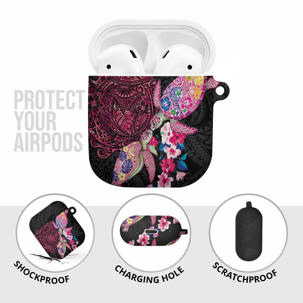 Hawaiian Couple Turtles Honi AirPods Case Polynesian Art Motifs and Hibiscus Black Red Color - Polynesian Pride