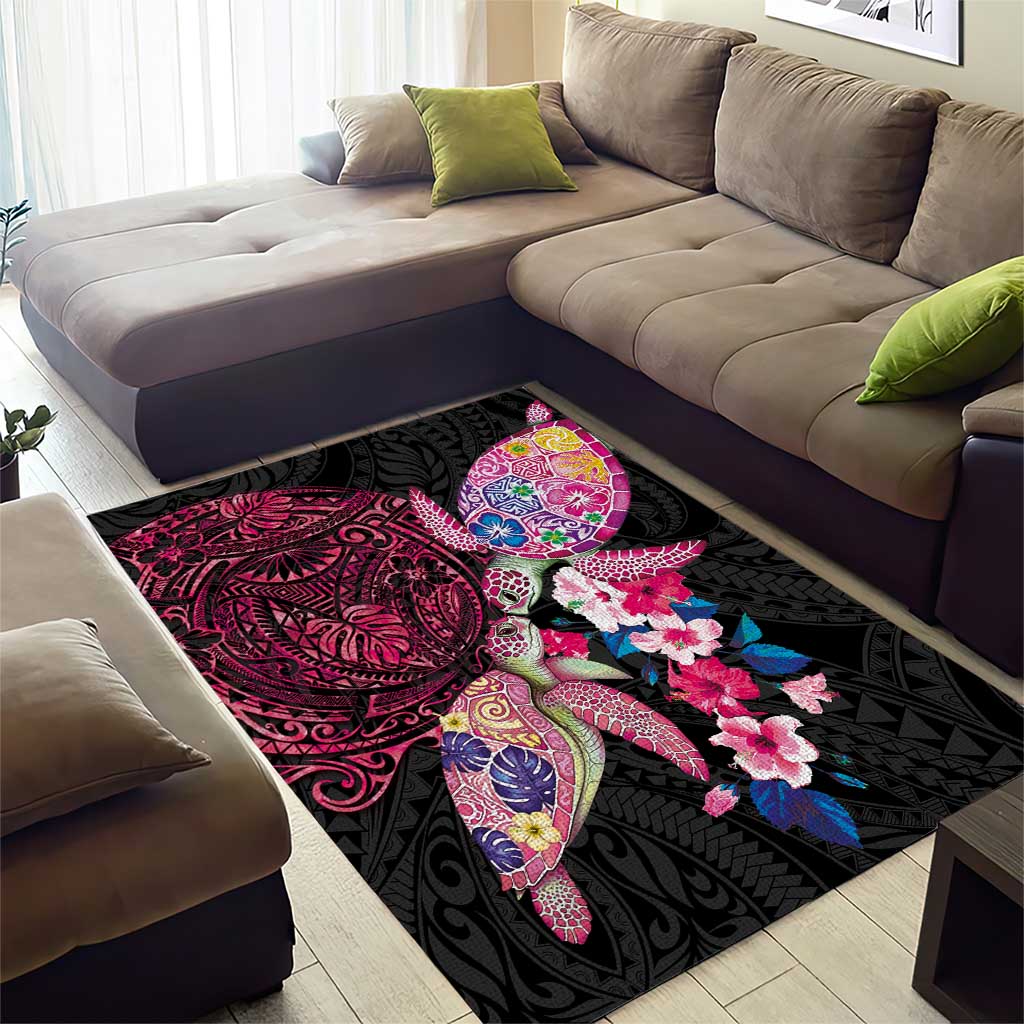 Hawaiian Couple Turtles Honi Area Rug Polynesian Art Motifs and Hibiscus Black Red Color - Polynesian Pride