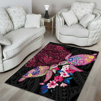 Hawaiian Couple Turtles Honi Area Rug Polynesian Art Motifs and Hibiscus Black Red Color - Polynesian Pride