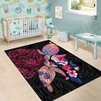 Hawaiian Couple Turtles Honi Area Rug Polynesian Art Motifs and Hibiscus Black Red Color - Polynesian Pride