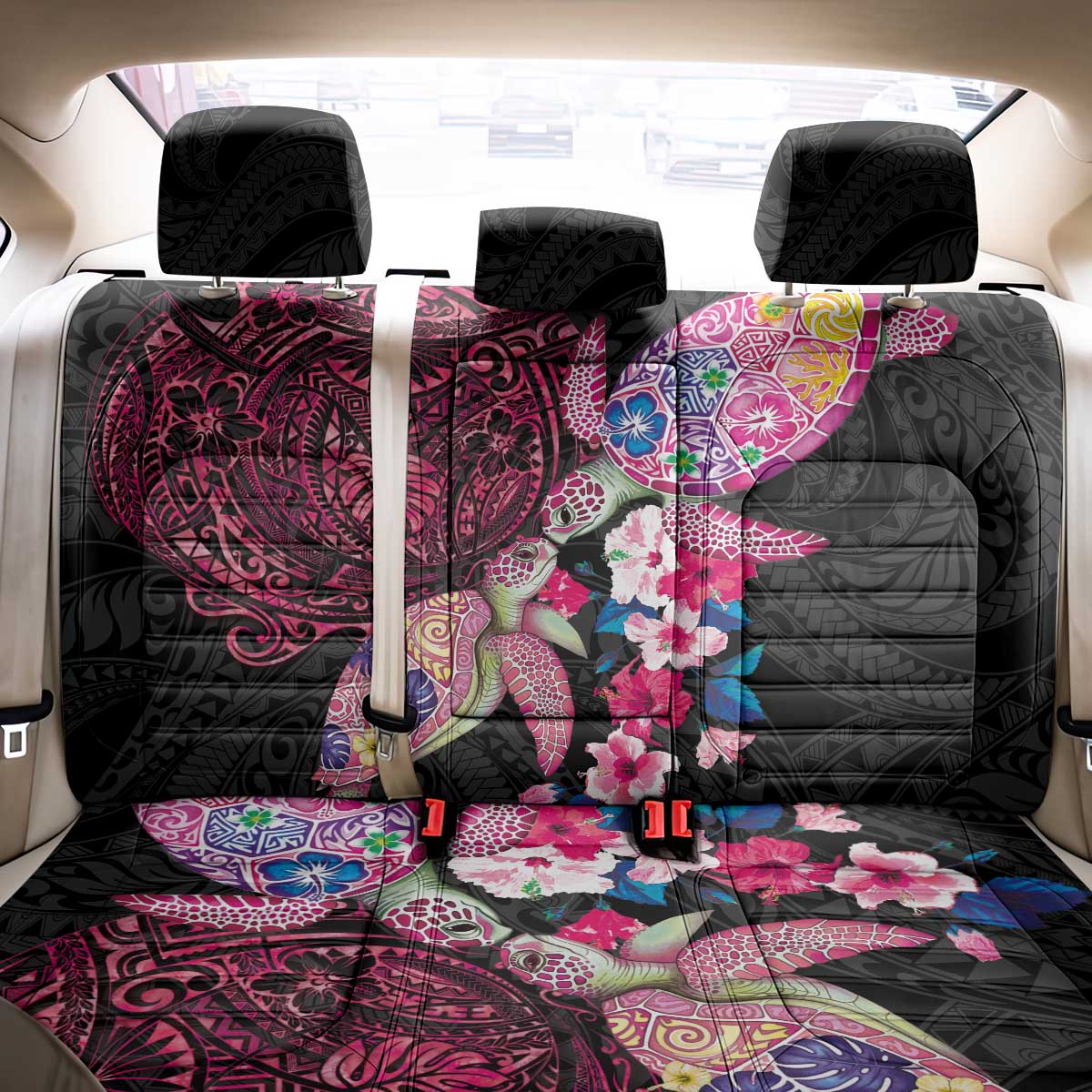Hawaiian Couple Turtles Honi Back Car Seat Cover Polynesian Art Motifs and Hibiscus Black Red Color - Polynesian Pride