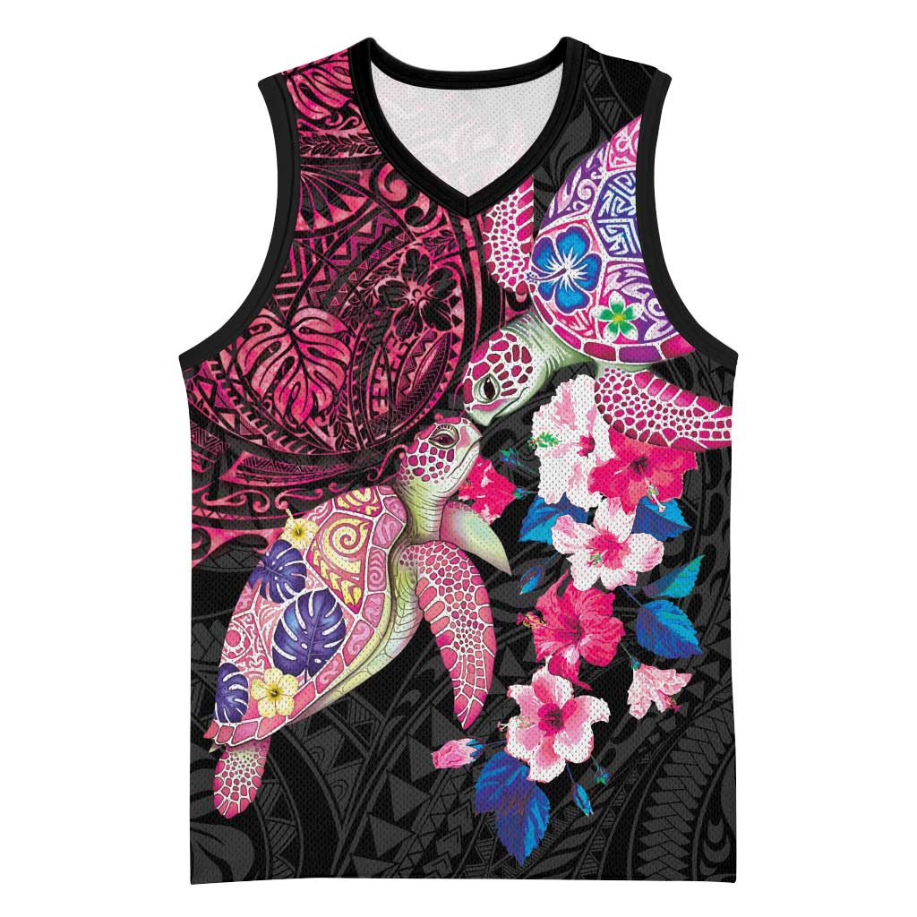 Hawaiian Couple Turtles Honi Basketball Jersey Polynesian Art Motifs and Hibiscus Black Red Color - Polynesian Pride