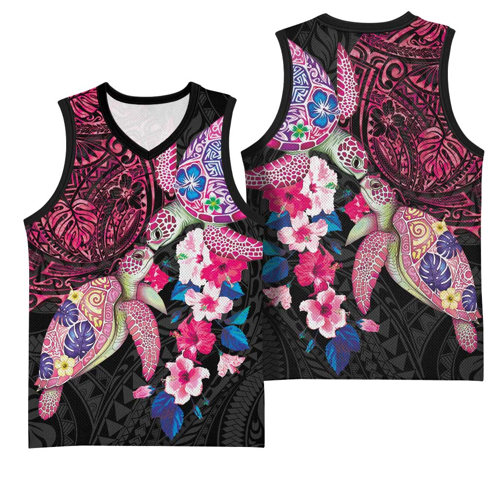 Hawaiian Couple Turtles Honi Basketball Jersey Polynesian Art Motifs and Hibiscus Black Red Color - Polynesian Pride
