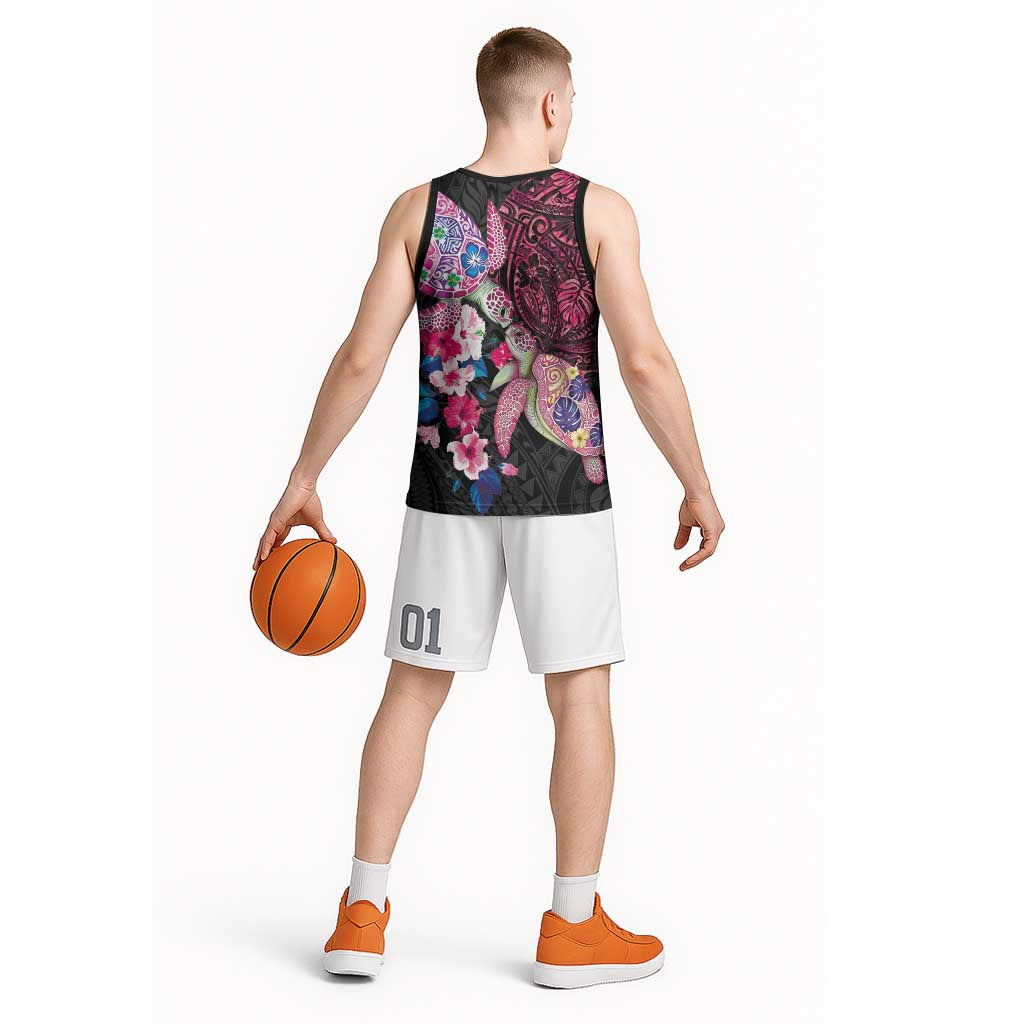Hawaiian Couple Turtles Honi Basketball Jersey Polynesian Art Motifs and Hibiscus Black Red Color - Polynesian Pride