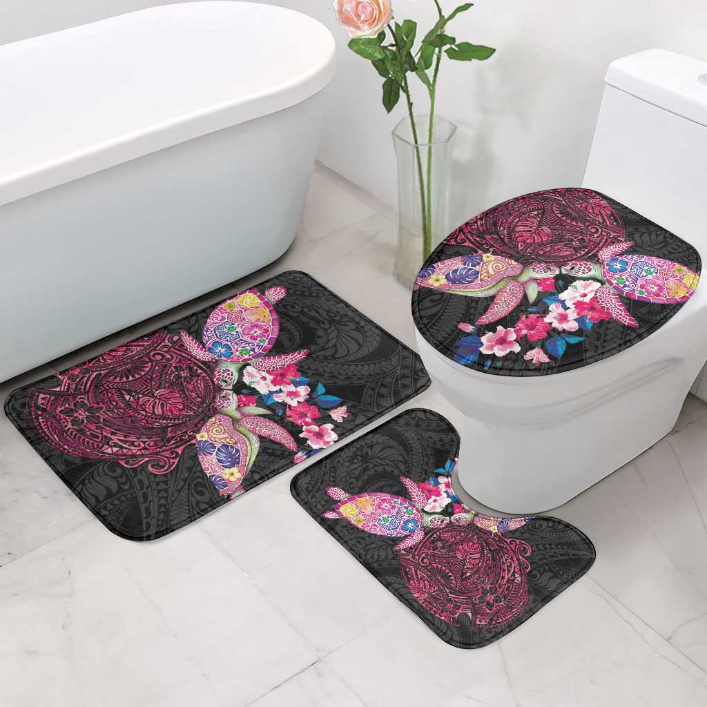 Hawaiian Couple Turtles Honi Bathroom Set Polynesian Art Motifs and Hibiscus Black Red Color - Polynesian Pride