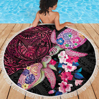 Hawaiian Couple Turtles Honi Beach Blanket Polynesian Art Motifs and Hibiscus Black Red Color - Polynesian Pride