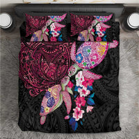 Hawaiian Couple Turtles Honi Bedding Set Polynesian Art Motifs and Hibiscus Black Red Color - Polynesian Pride