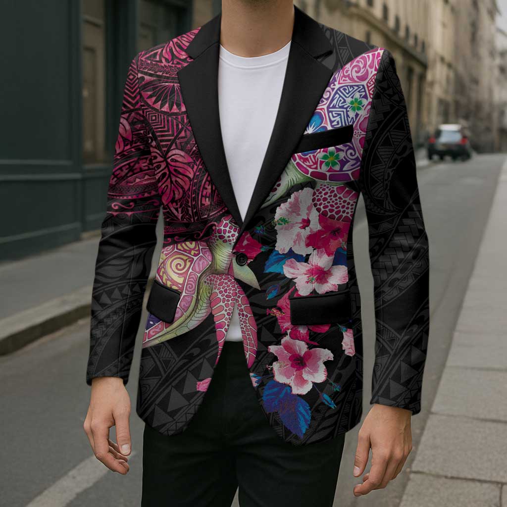 Hawaiian Couple Turtles Honi Blazer Polynesian Art Motifs and Hibiscus Black Red Color - Polynesian Pride