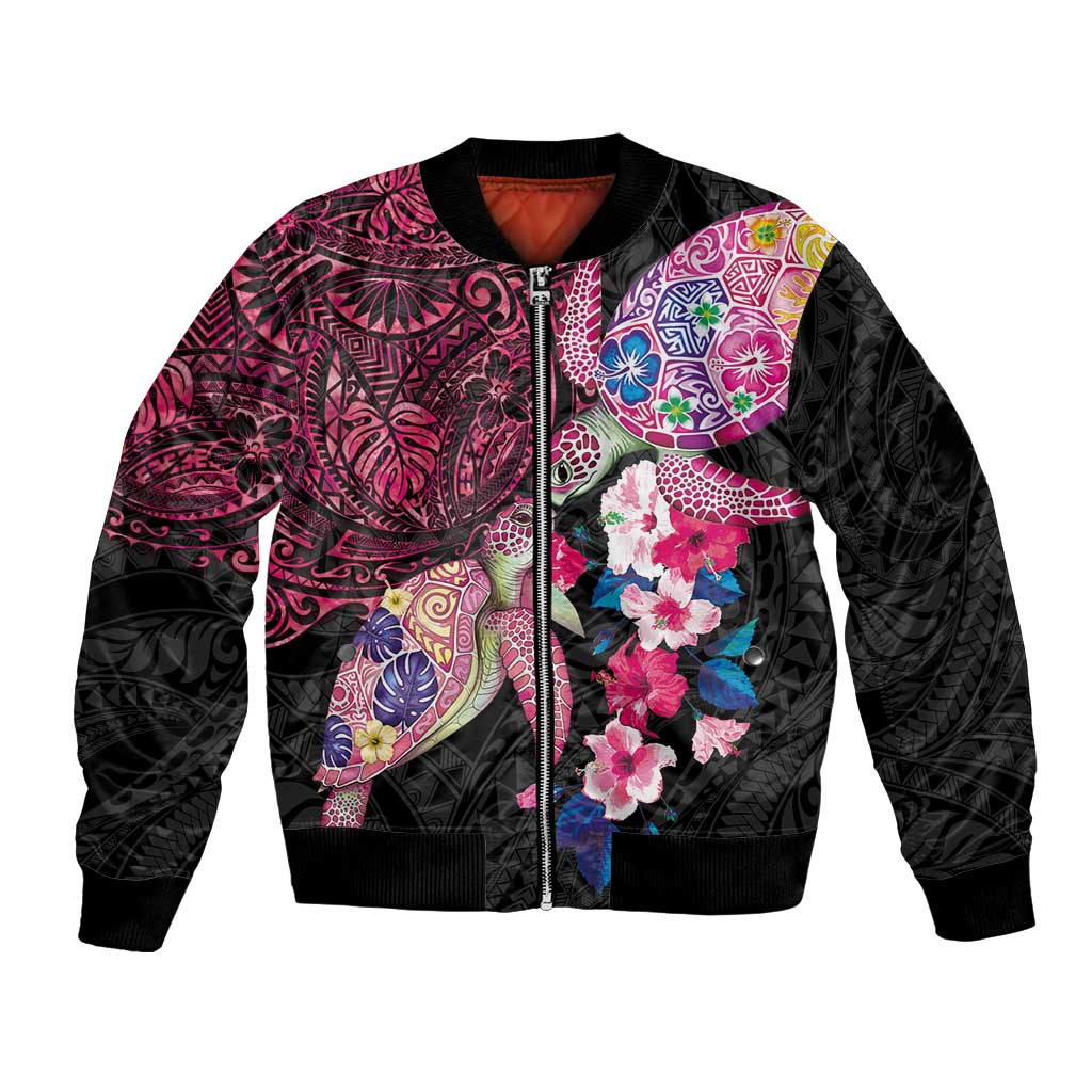 Hawaiian Couple Turtles Honi Bomber Jacket Polynesian Art Motifs and Hibiscus Black Red Color - Polynesian Pride
