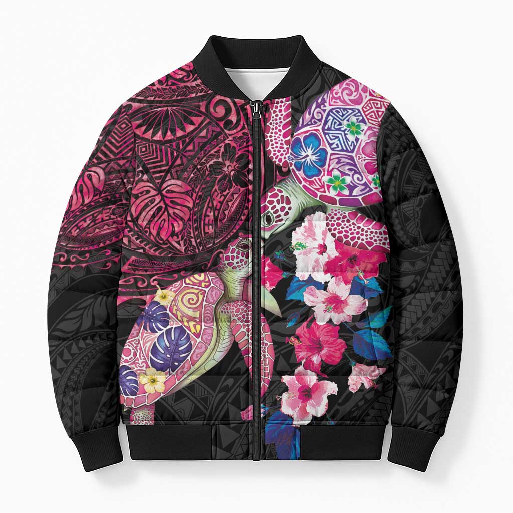 Hawaiian Couple Turtles Honi Bomber Puffer Jacket Polynesian Art Motifs and Hibiscus Black Red Color - Polynesian Pride