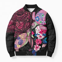 Hawaiian Couple Turtles Honi Bomber Puffer Jacket Polynesian Art Motifs and Hibiscus Black Red Color - Polynesian Pride