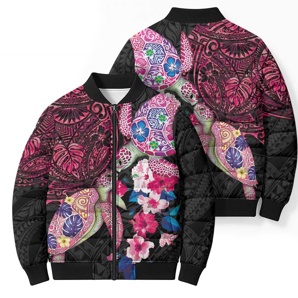 Hawaiian Couple Turtles Honi Bomber Puffer Jacket Polynesian Art Motifs and Hibiscus Black Red Color - Polynesian Pride
