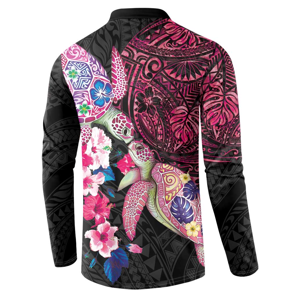 Hawaiian Couple Turtles Honi Button Sweatshirt Polynesian Art Motifs and Hibiscus Black Red Color - Polynesian Pride