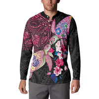 Hawaiian Couple Turtles Honi Button Sweatshirt Polynesian Art Motifs and Hibiscus Black Red Color - Polynesian Pride