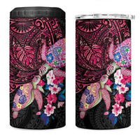 Hawaiian Couple Turtles Honi 4 in 1 Can Cooler Tumbler Polynesian Art Motifs and Hibiscus Black Red Color - Polynesian Pride