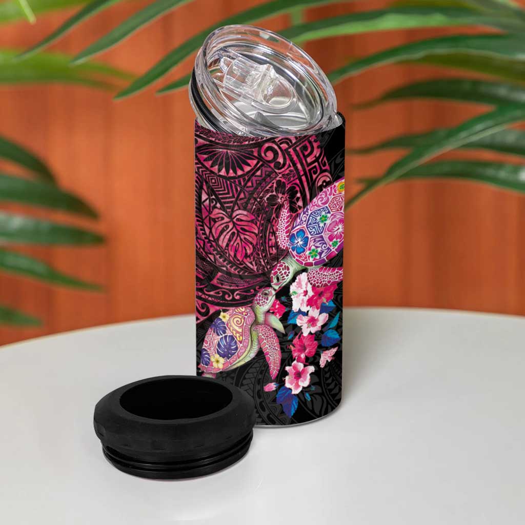 Hawaiian Couple Turtles Honi 4 in 1 Can Cooler Tumbler Polynesian Art Motifs and Hibiscus Black Red Color - Polynesian Pride