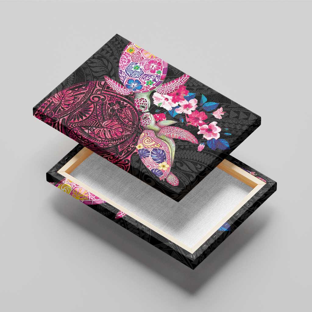 Hawaiian Couple Turtles Honi Canvas Wall Art Polynesian Art Motifs and Hibiscus Black Red Color - Polynesian Pride