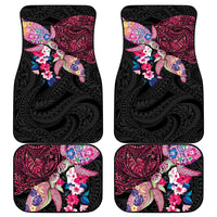 Hawaiian Couple Turtles Honi Car Mats Polynesian Art Motifs and Hibiscus Black Red Color - Polynesian Pride