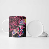 Hawaiian Couple Turtles Honi Ceramic Mug Polynesian Art Motifs and Hibiscus Black Red Color - Polynesian Pride