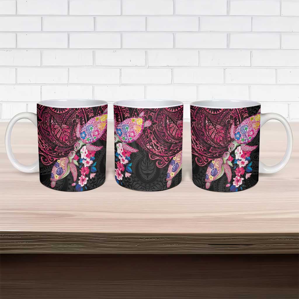 Hawaiian Couple Turtles Honi Ceramic Mug Polynesian Art Motifs and Hibiscus Black Red Color - Polynesian Pride