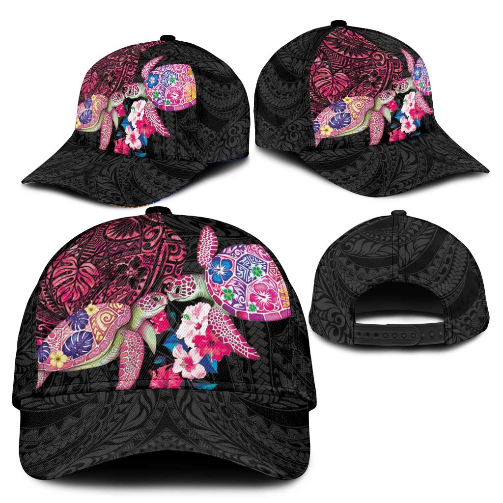 Hawaiian Couple Turtles Honi Classic Cap Polynesian Art Motifs and Hibiscus Black Red Color - Polynesian Pride