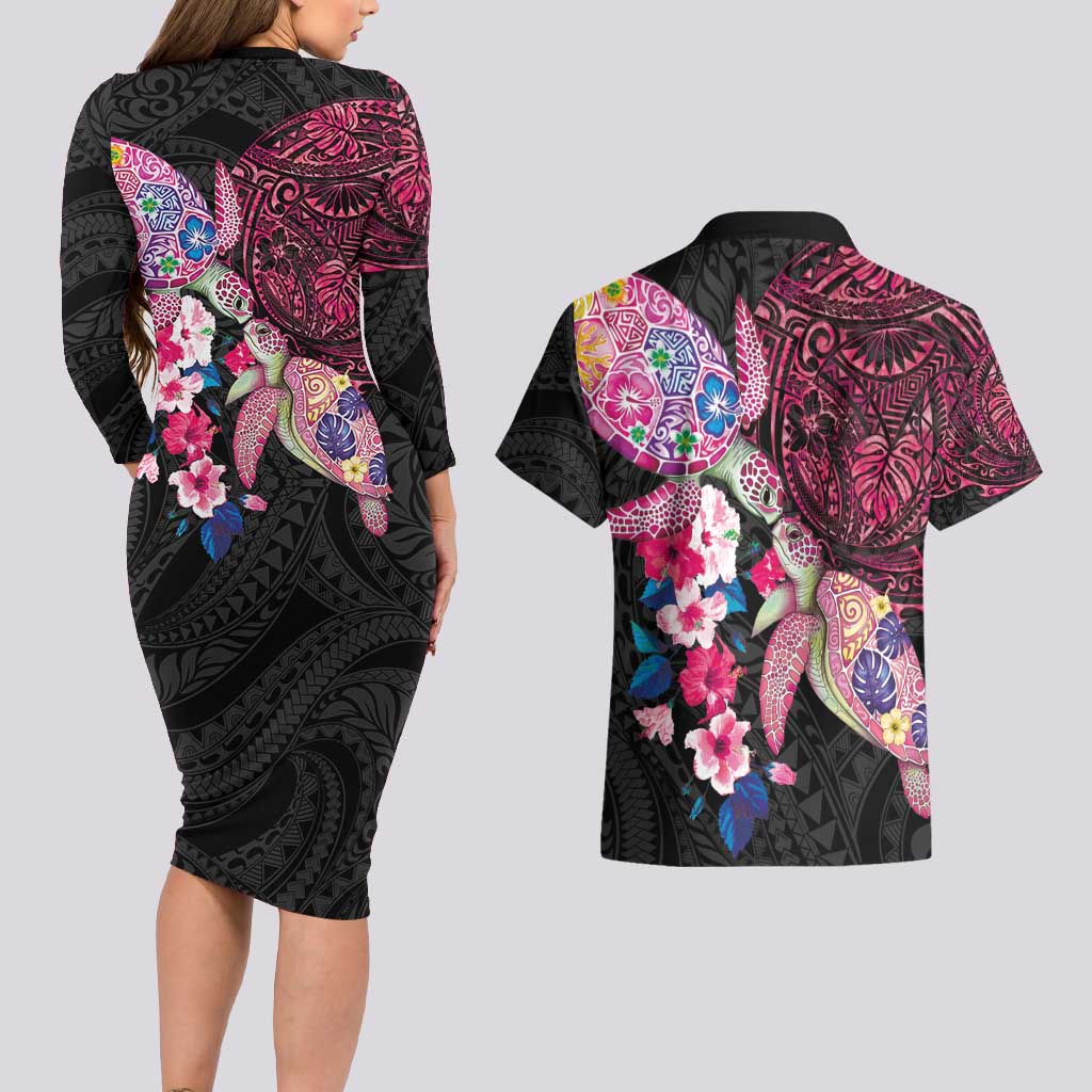 Hawaiian Couple Turtles Honi Couples Matching Long Sleeve Bodycon Dress and Hawaiian Shirt Polynesian Art Motifs and Hibiscus Black Red Color - Polynesian Pride