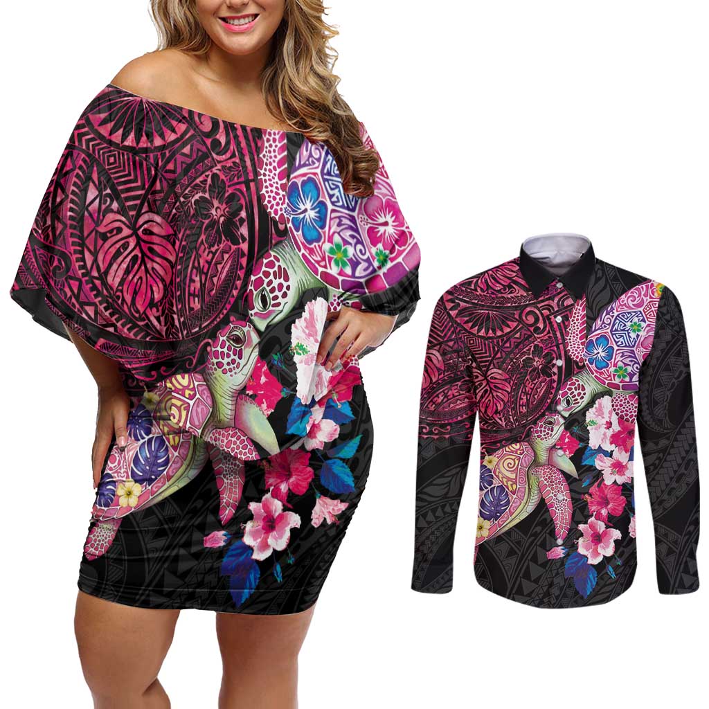 Hawaiian Couple Turtles Honi Couples Matching Off Shoulder Short Dress and Long Sleeve Button Shirt Polynesian Art Motifs and Hibiscus Black Red Color - Polynesian Pride