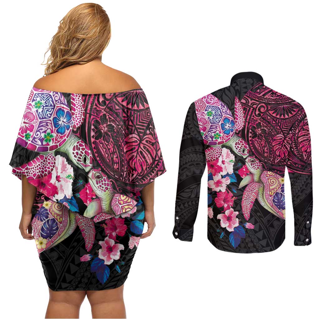 Hawaiian Couple Turtles Honi Couples Matching Off Shoulder Short Dress and Long Sleeve Button Shirt Polynesian Art Motifs and Hibiscus Black Red Color - Polynesian Pride