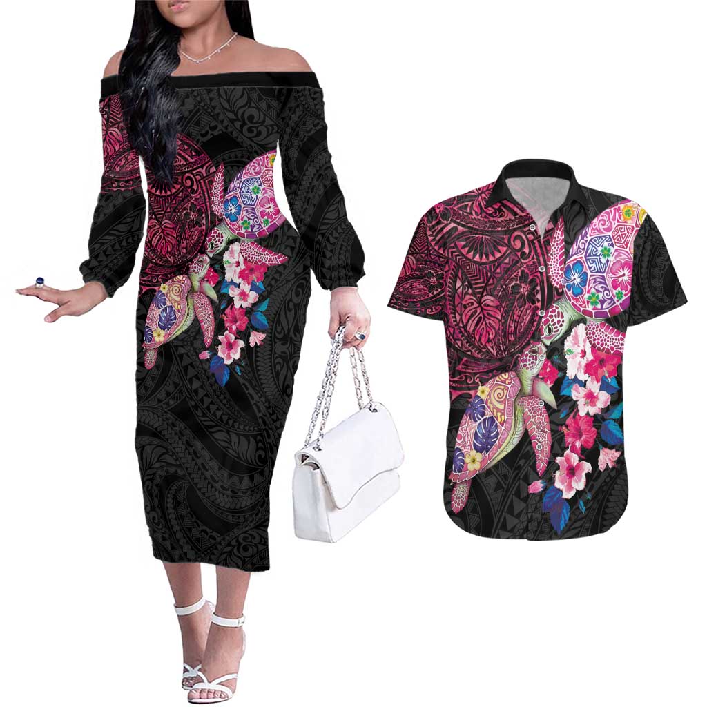Hawaiian Couple Turtles Honi Couples Matching Off The Shoulder Long Sleeve Dress and Hawaiian Shirt Polynesian Art Motifs and Hibiscus Black Red Color - Polynesian Pride