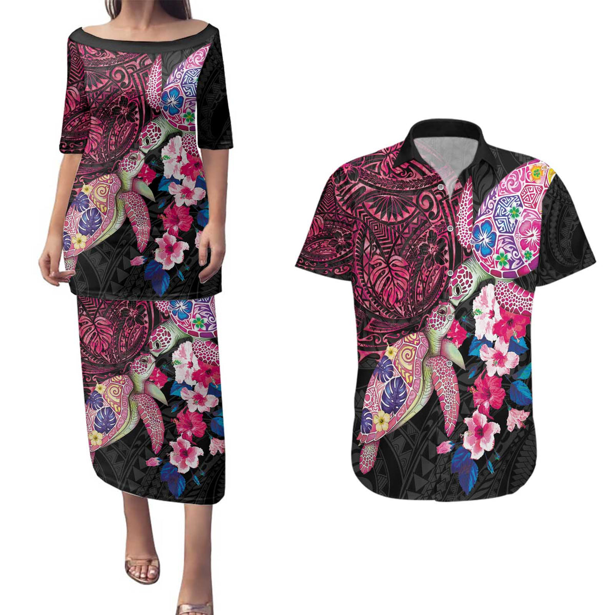 Hawaiian Couple Turtles Honi Couples Matching Puletasi and Hawaiian Shirt Polynesian Art Motifs and Hibiscus Black Red Color - Polynesian Pride