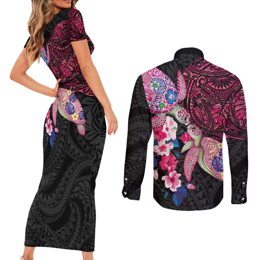Hawaiian Couple Turtles Honi Couples Matching Short Sleeve Bodycon Dress and Long Sleeve Button Shirt Polynesian Art Motifs and Hibiscus Black Red Color - Polynesian Pride